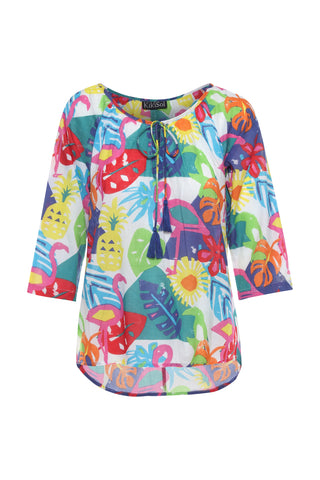 Multi-Colored Flamingos Short Top with Tassels