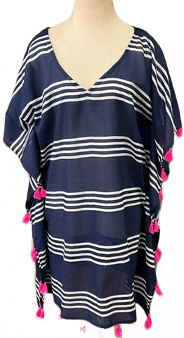 Navy with White Stripes and Pink Tassels Kaftan