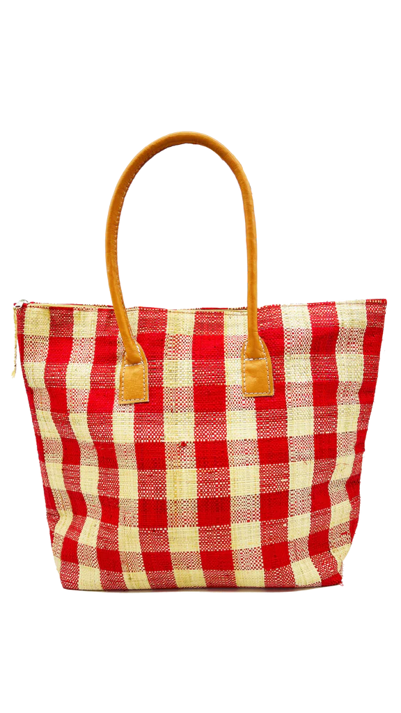 Shebobo Nador Gingham Zippered Straw Tote Bag
