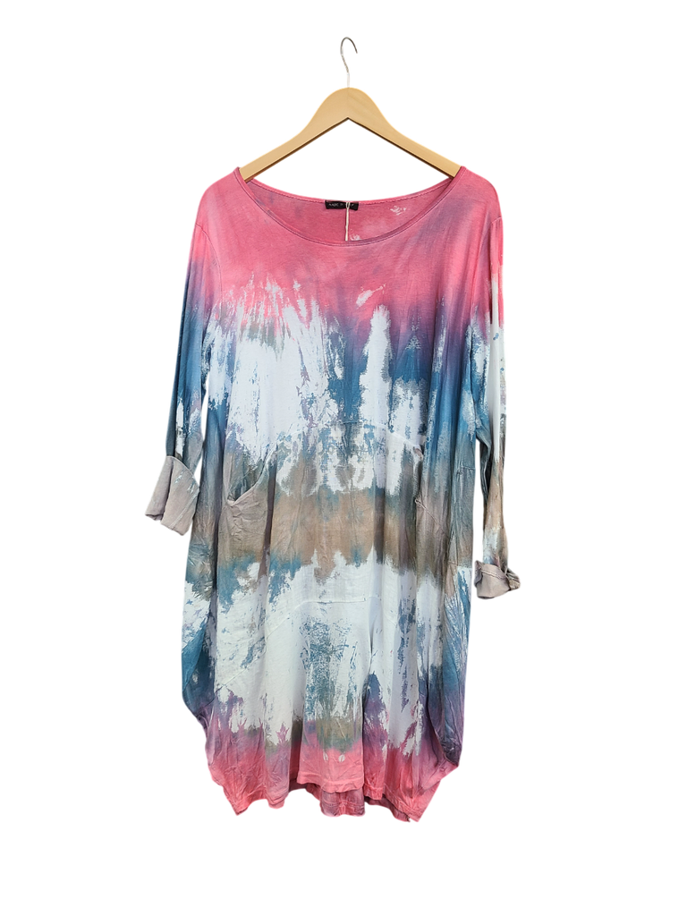 OS Cotton/Linen Long Sleeve Short Tie Dye Top/Dress