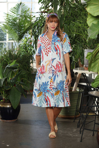 White Dots Leaf Short Sleeve Midi Dress