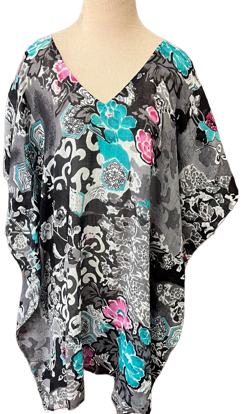 Black with White, Blue and Pink flowers Kaftan