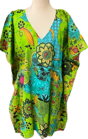Lime Green with Teal & Flowers Kaftan