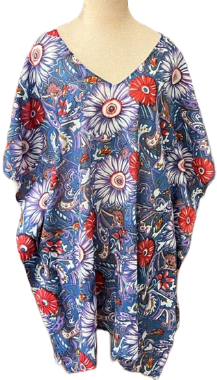 Blue with White and Red Flowers Kaftan