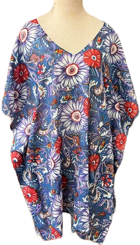 Blue with White and Red Flowers Kaftan