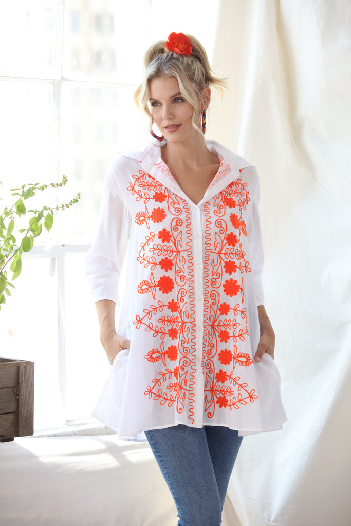 White KikiSol Long Button Down w/ Orange Embroidery & Pockets