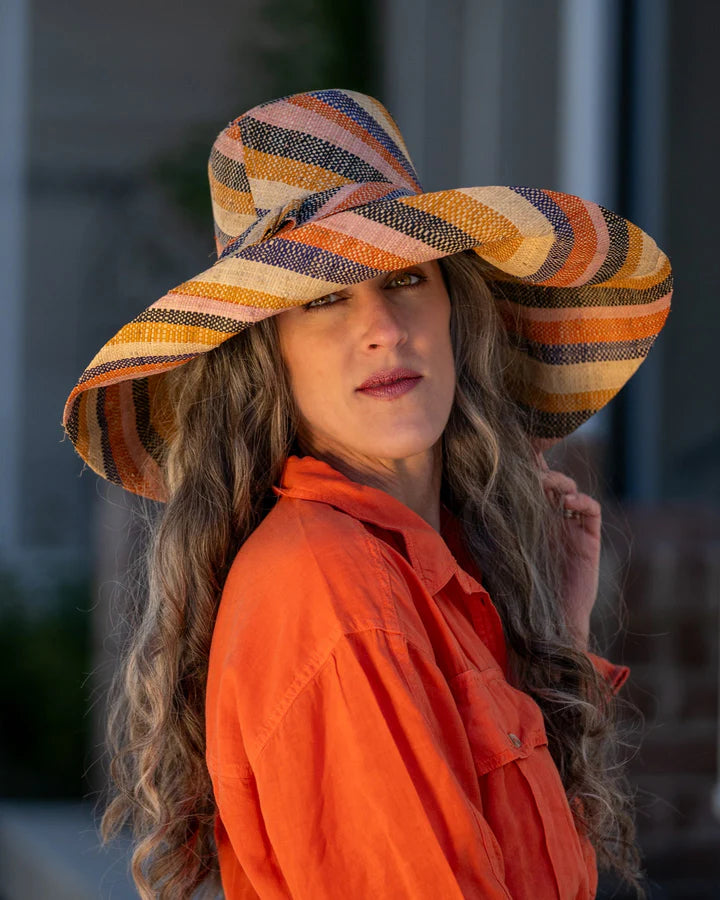 Shebobo Monica 5" Wide Brim Stripe Packable Straw Sun Hats