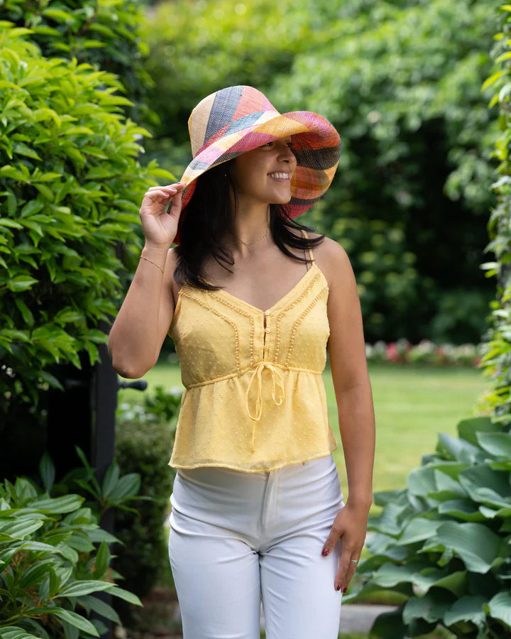 Shebobo Monica 5" Wide Brim Stripe Packable Straw Sun Hats