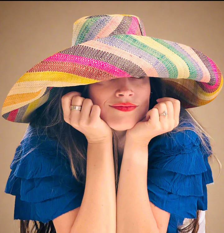 Shebobo Monica 5" Wide Brim Stripe Packable Straw Sun Hats