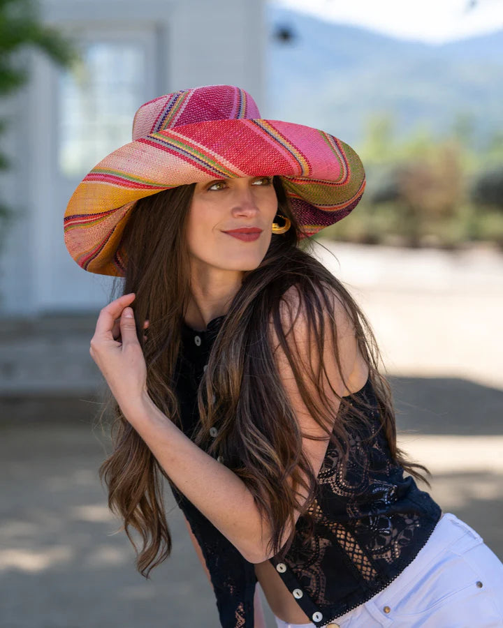 Shebobo Monica 5" Wide Brim Stripe Packable Straw Sun Hats