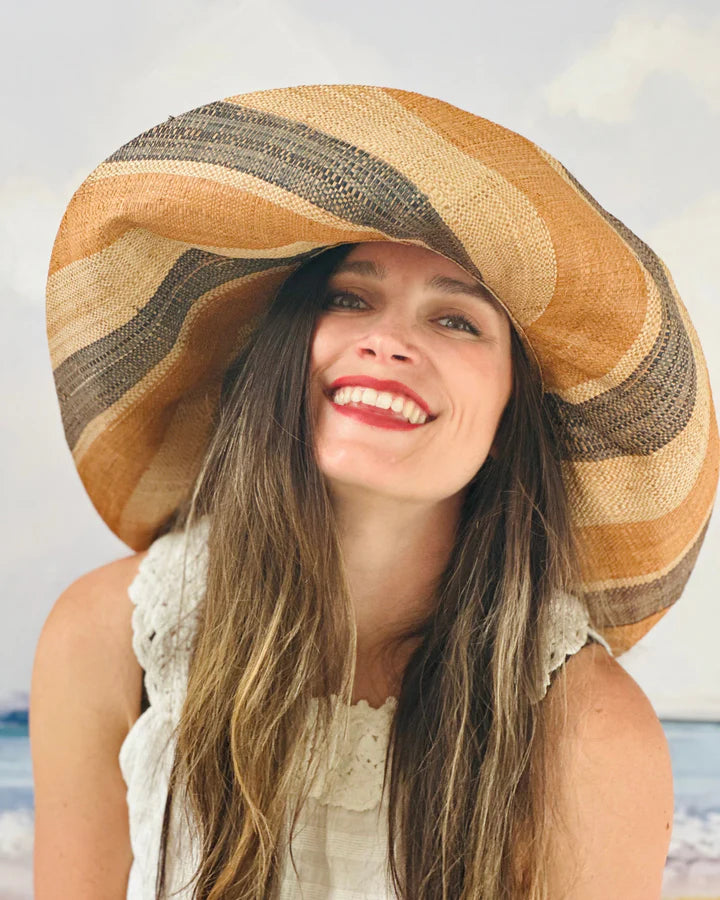 Shebobo Monica 5" Wide Brim Stripe Packable Straw Sun Hats