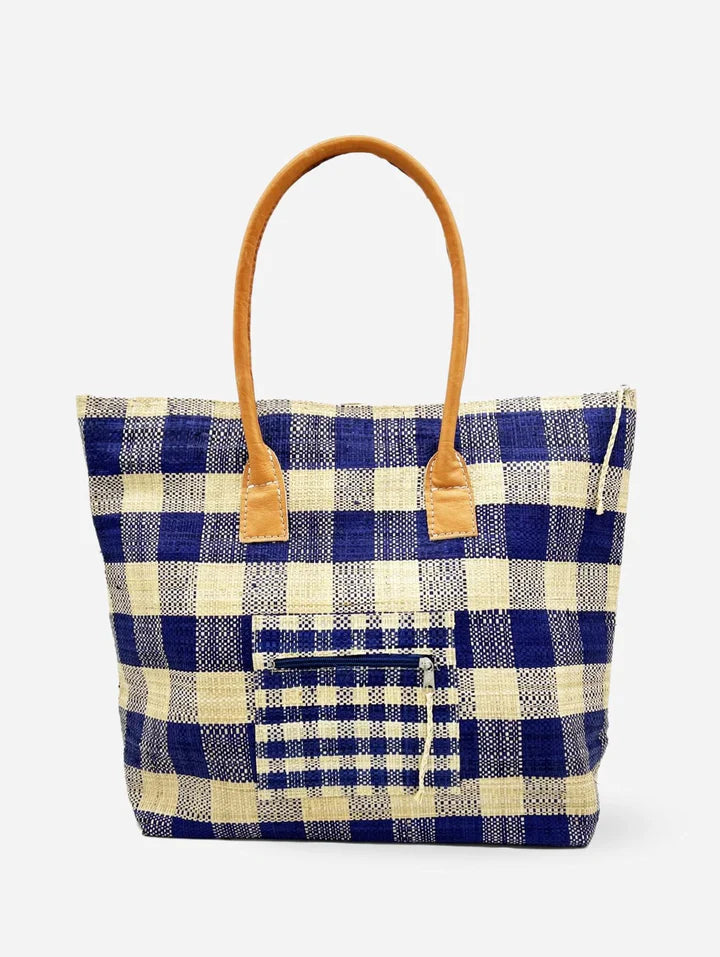 Shebobo Nador Gingham Zippered Straw Tote Bag