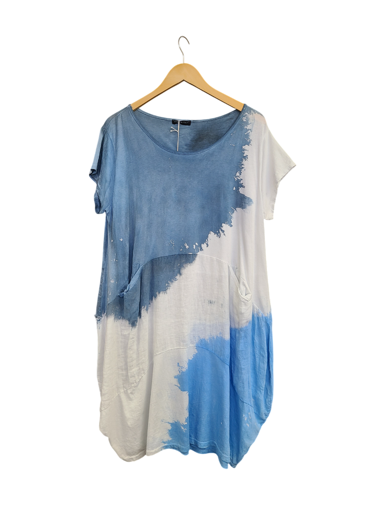 OS Linen & Knit Short Sleeve U Neck Midi Dress w/ Pockets