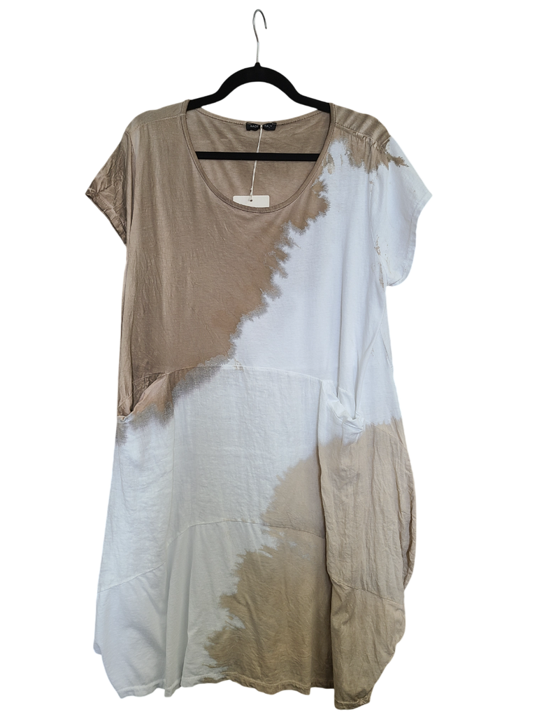 OS Linen & Knit Short Sleeve U Neck Midi Dress w/ Pockets