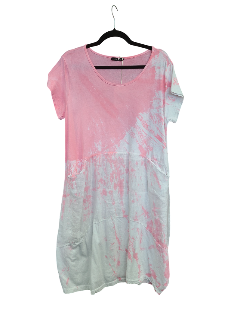 OS Linen & Knit Short Sleeve U Neck Midi Dress w/ Pockets