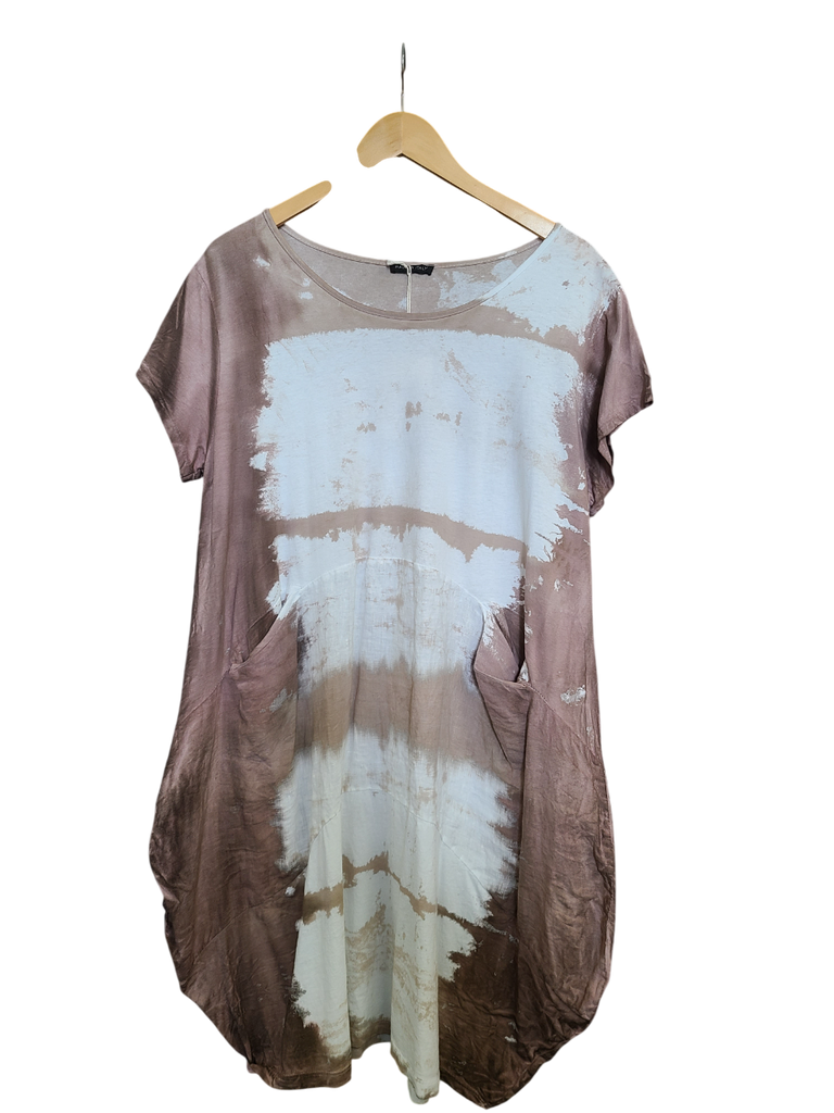 OS Linen & Knit Short Sleeve U Neck Midi Dress w/ Pockets