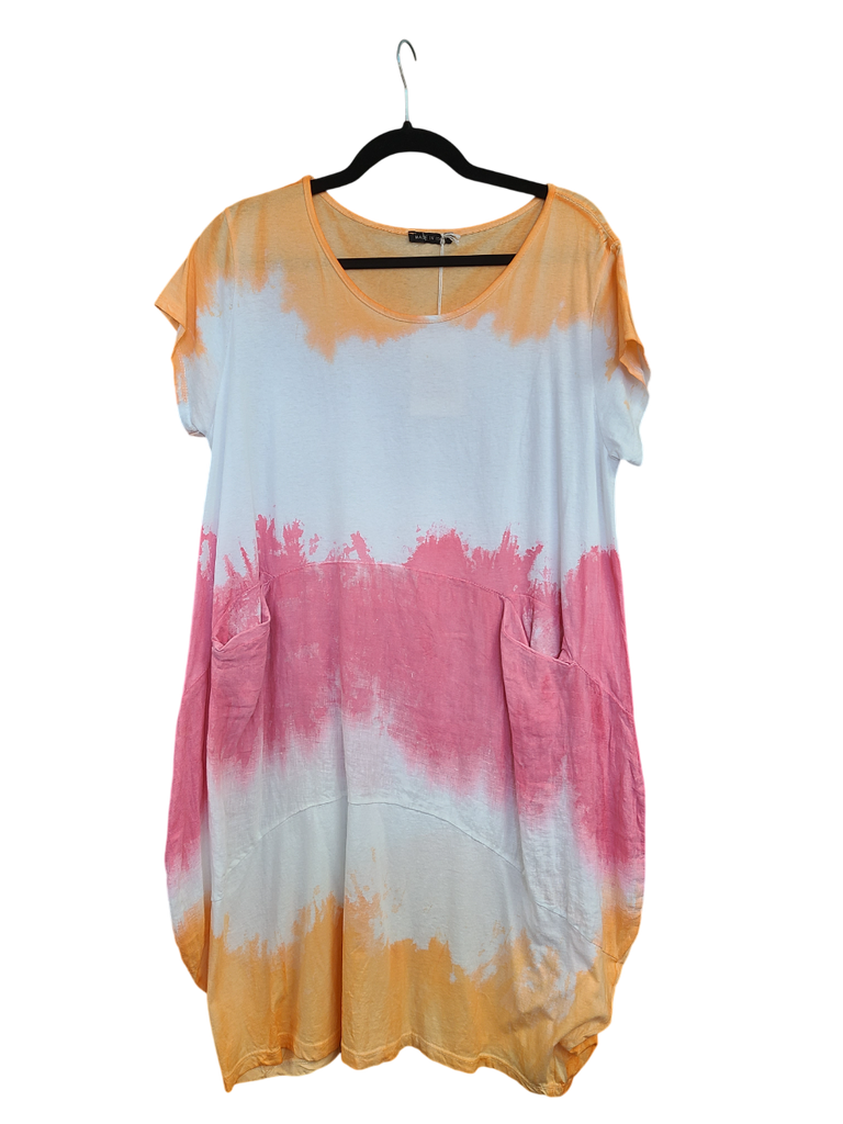 OS Linen & Knit Short Sleeve U Neck Midi Dress w/ Pockets