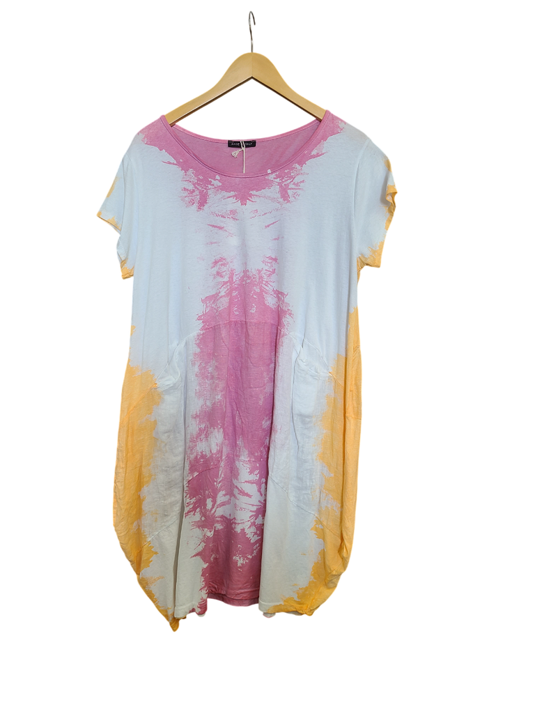OS Linen & Knit Short Sleeve U Neck Midi Dress w/ Pockets
