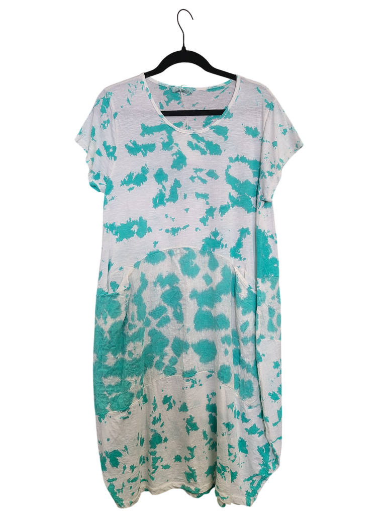 OS Linen & Knit Short Sleeve U Neck Midi Dress w/ Pockets