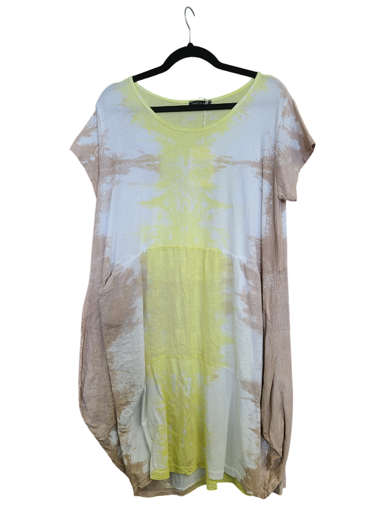 OS Linen & Knit Short Sleeve U Neck Midi Dress w/ Pockets