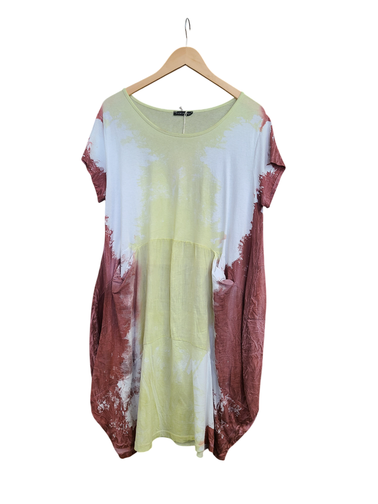 OS Linen & Knit Short Sleeve U Neck Midi Dress w/ Pockets