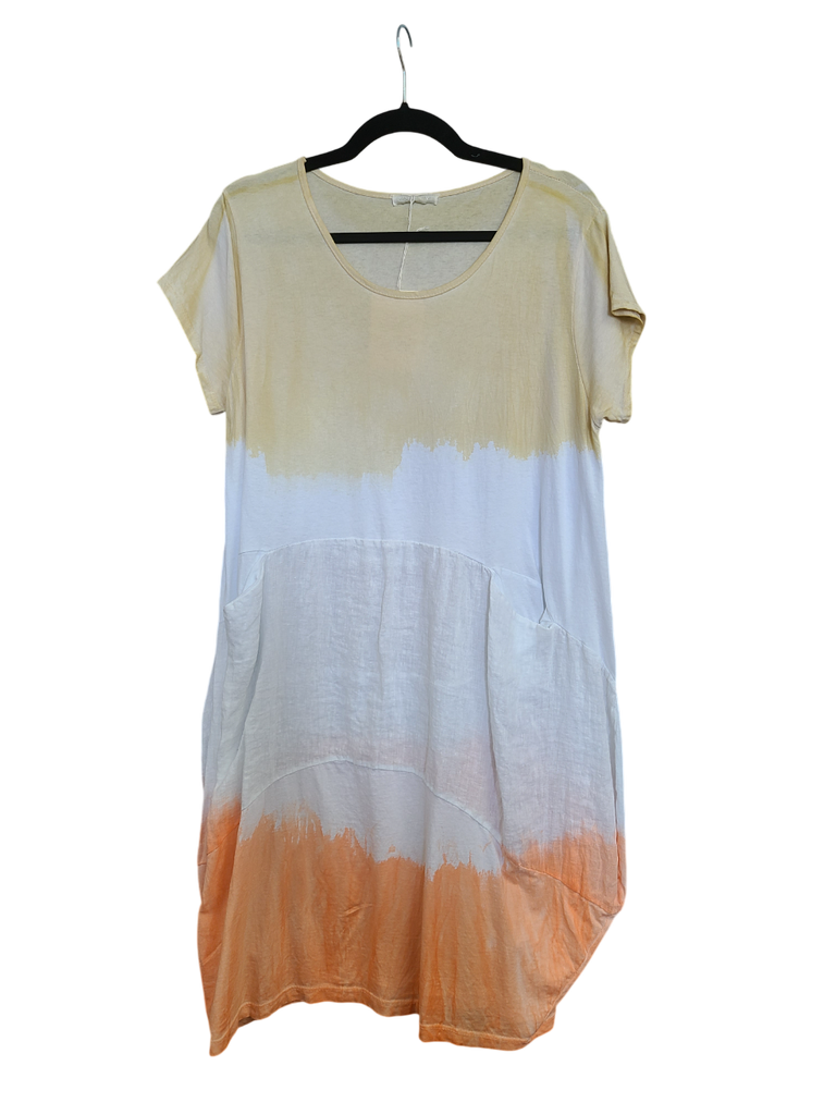 OS Linen & Knit Short Sleeve U Neck Midi Dress w/ Pockets
