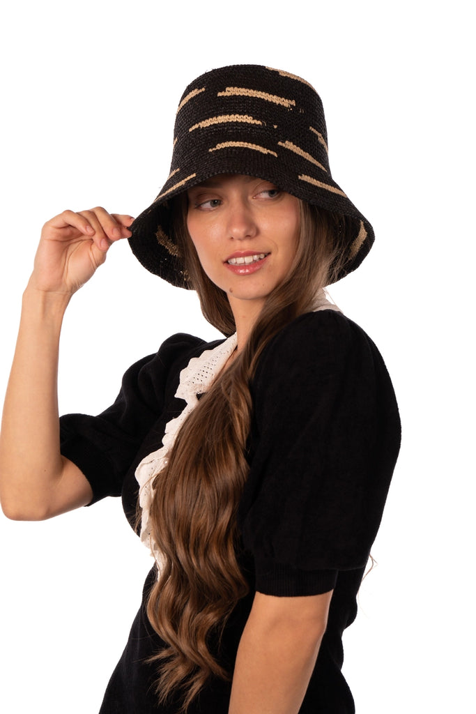Shebobo Taylor 3" Brim Crochet Bucket Straw Hats with Zebra Stripe