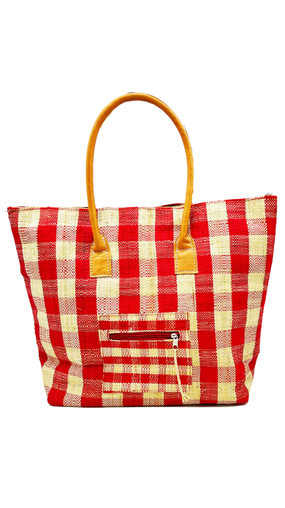 Shebobo Nador Gingham Zippered Straw Tote Bag