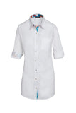 KikiSol Boyfriend Shirt Solid White Body with White Painted Floral Trim
