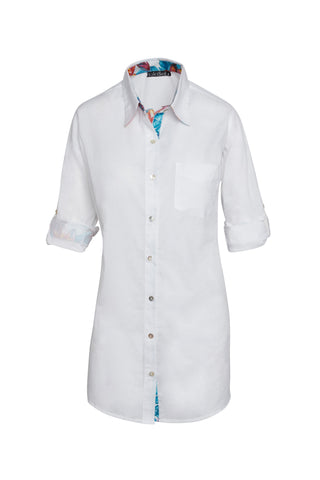 KikiSol Boyfriend Shirt Solid White Body with White Painted Floral Trim
