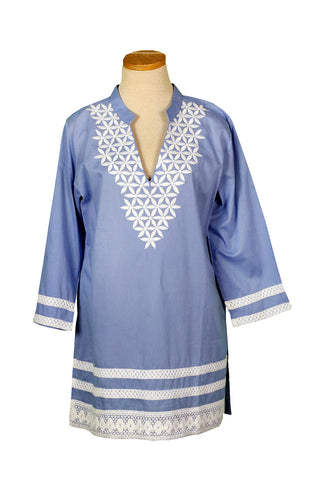 Embroidered Floral White on Gray Blue