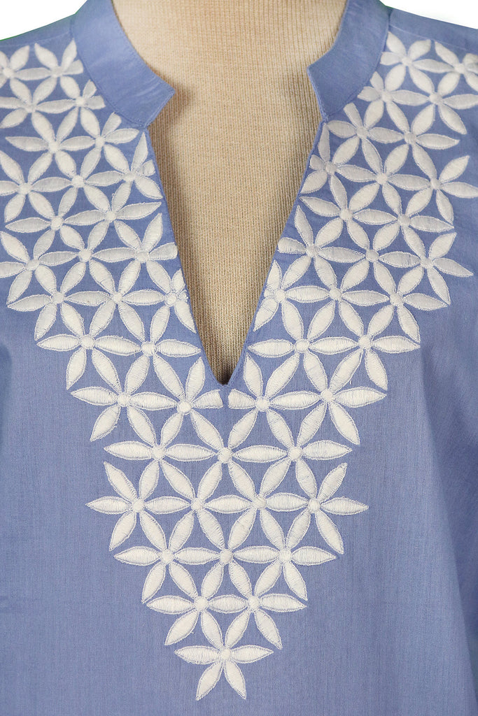 Embroidered Floral White on Gray Blue