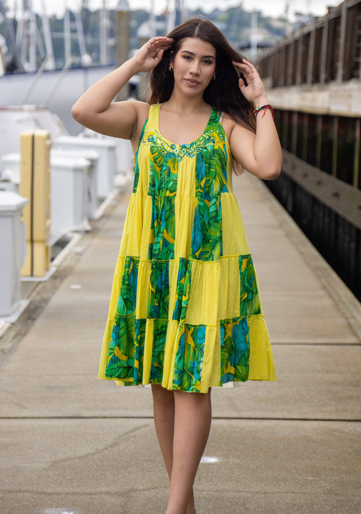 Yellow Green Palm Patchwork Tank Dress with Beading | shopkikisol Yellow Green Palm Patchwork Tank Dress with Beading | shopkikisol