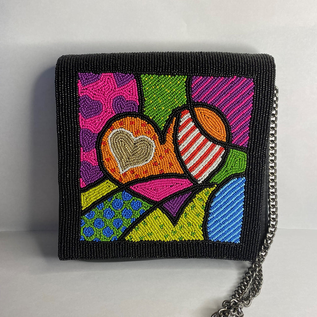 Heart in Heart Leather Beaded Flapover Crossbody Bag