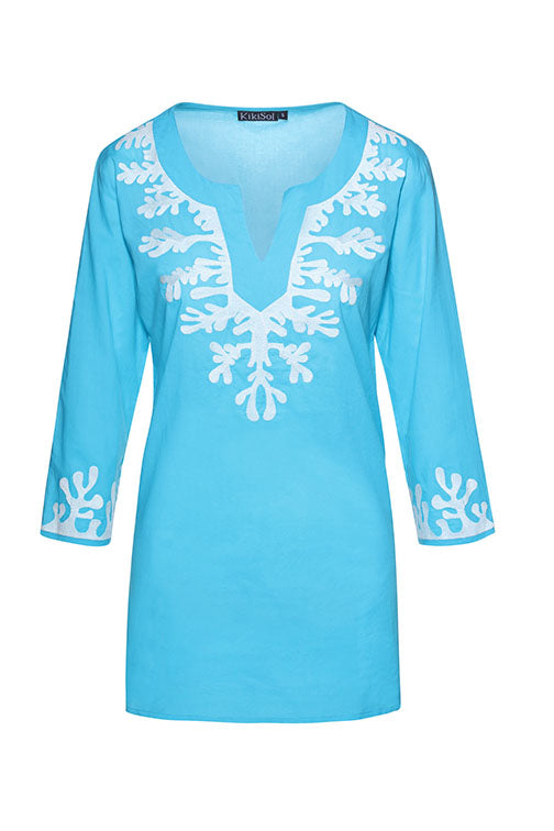 Turquoise Embroidered Coral Tunic