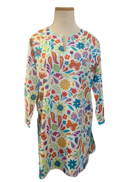 White and Multi-Colored Peppers KikiSol Tunic with Blue Trim