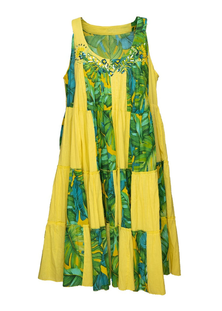 Yellow Green Palm Patchwork Tank Dress with Beading